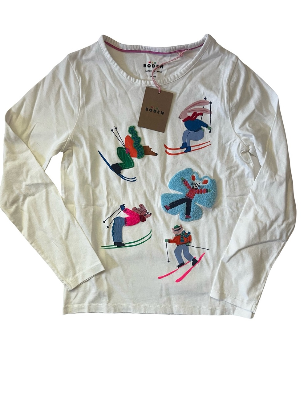 Mini Boden White Long-Sleeve Tee with Colorful Skiers